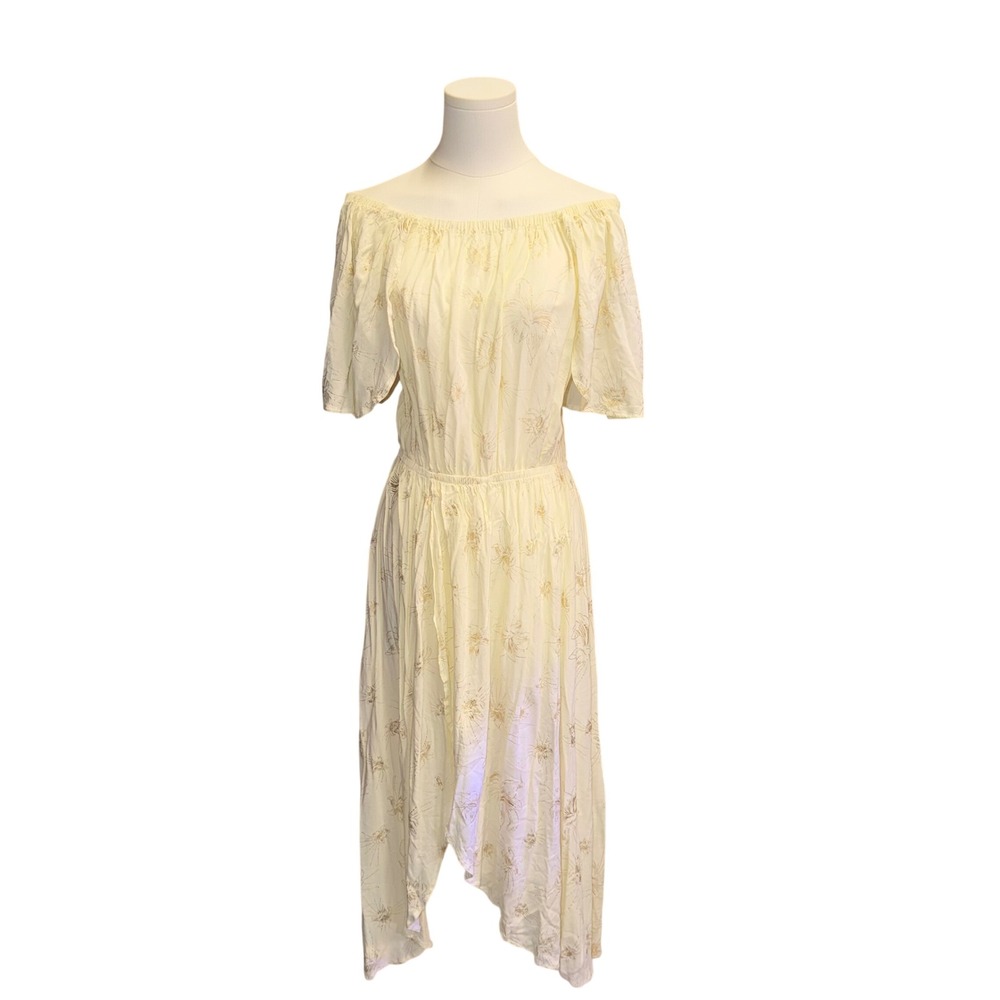 Novella Royale Midi Dress Womens M Yellow Good Floral Off Shoulder Gold Metallic